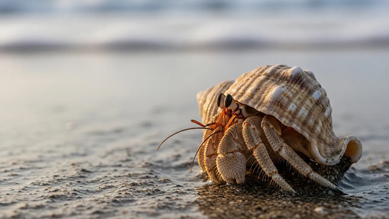 Hermit crab peeking out of a spiral snail shell on wet sand