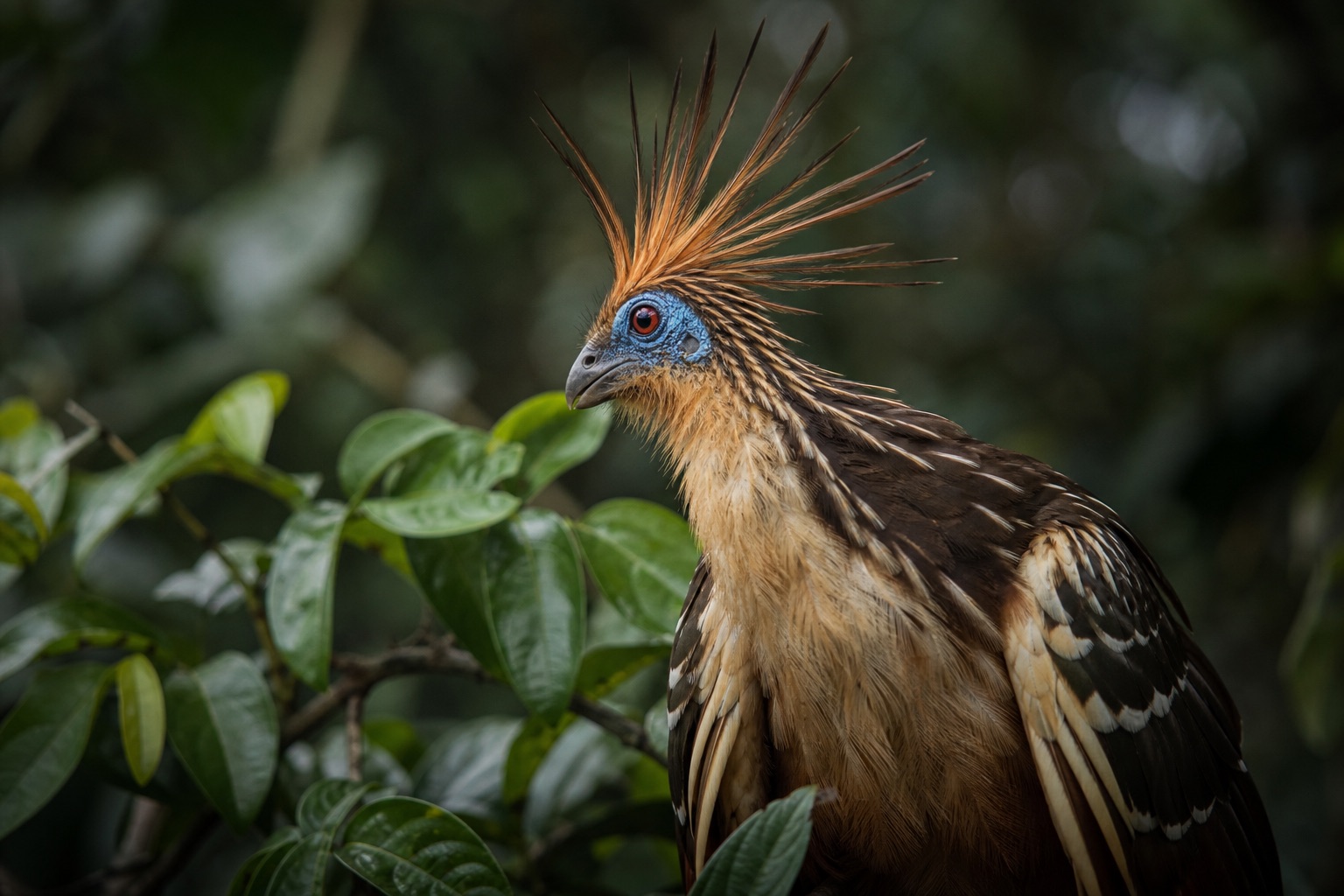 Hoatzin with spiky crest, blue facial skin and chestnut-and-buff plumage perched on a branch over a tropical river