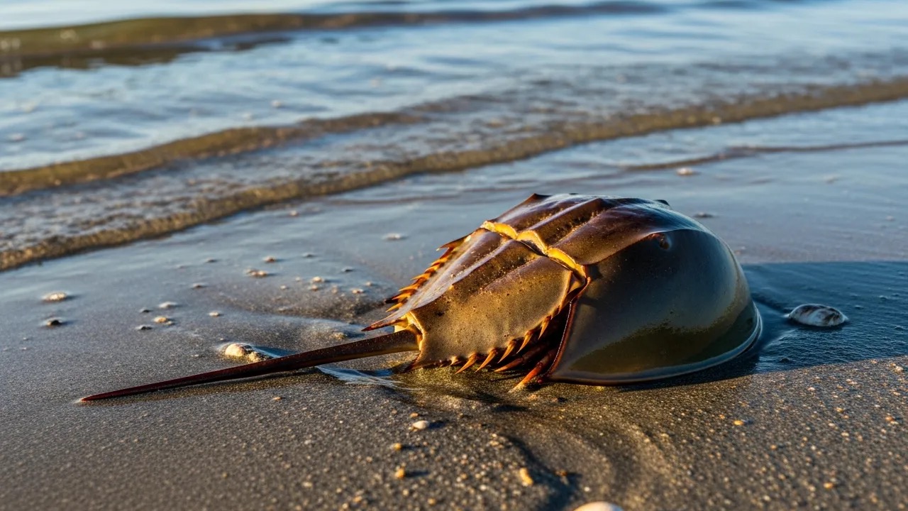 Atlantic horseshoe crab with a domed shell and long pointed tail on a sandy beach