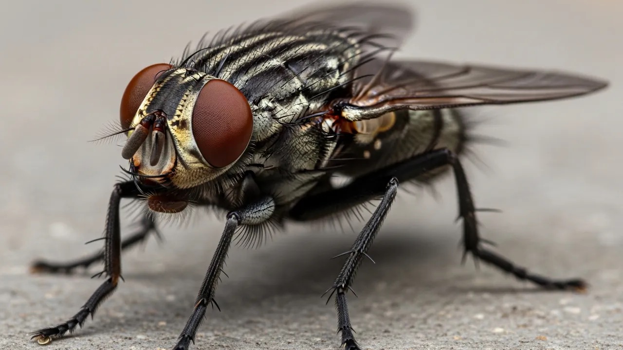 Common housefly with red eyes and clear wings resting on a surface