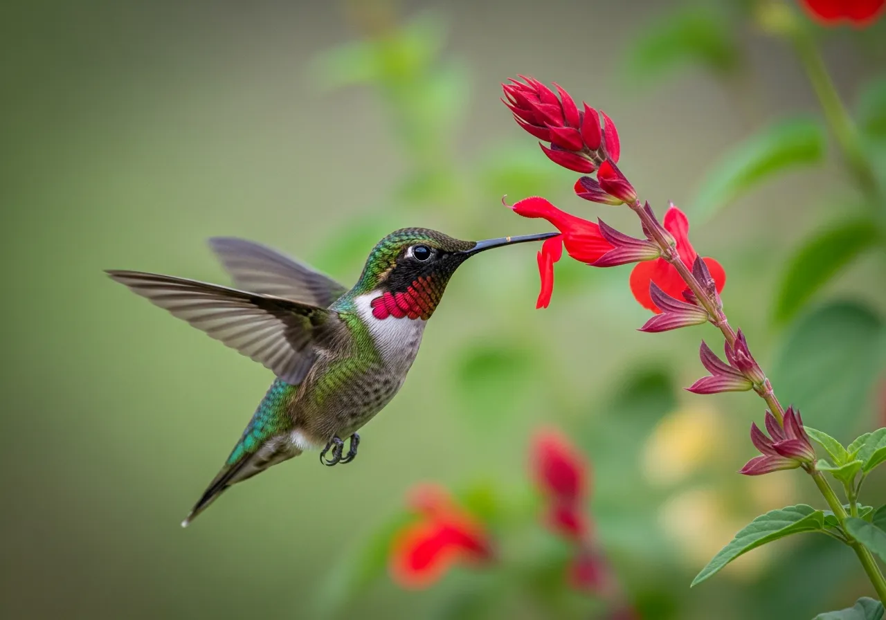 A small iridescent green hummingbird hovering at a red tubular flower, its wings blurred by rapid motion and its slender bill probing for nectar.
