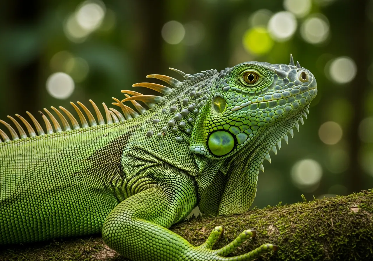 A large green iguana perched on a branch in the sun, showing its row of dorsal spines, loose throat dewlap and banded tail.