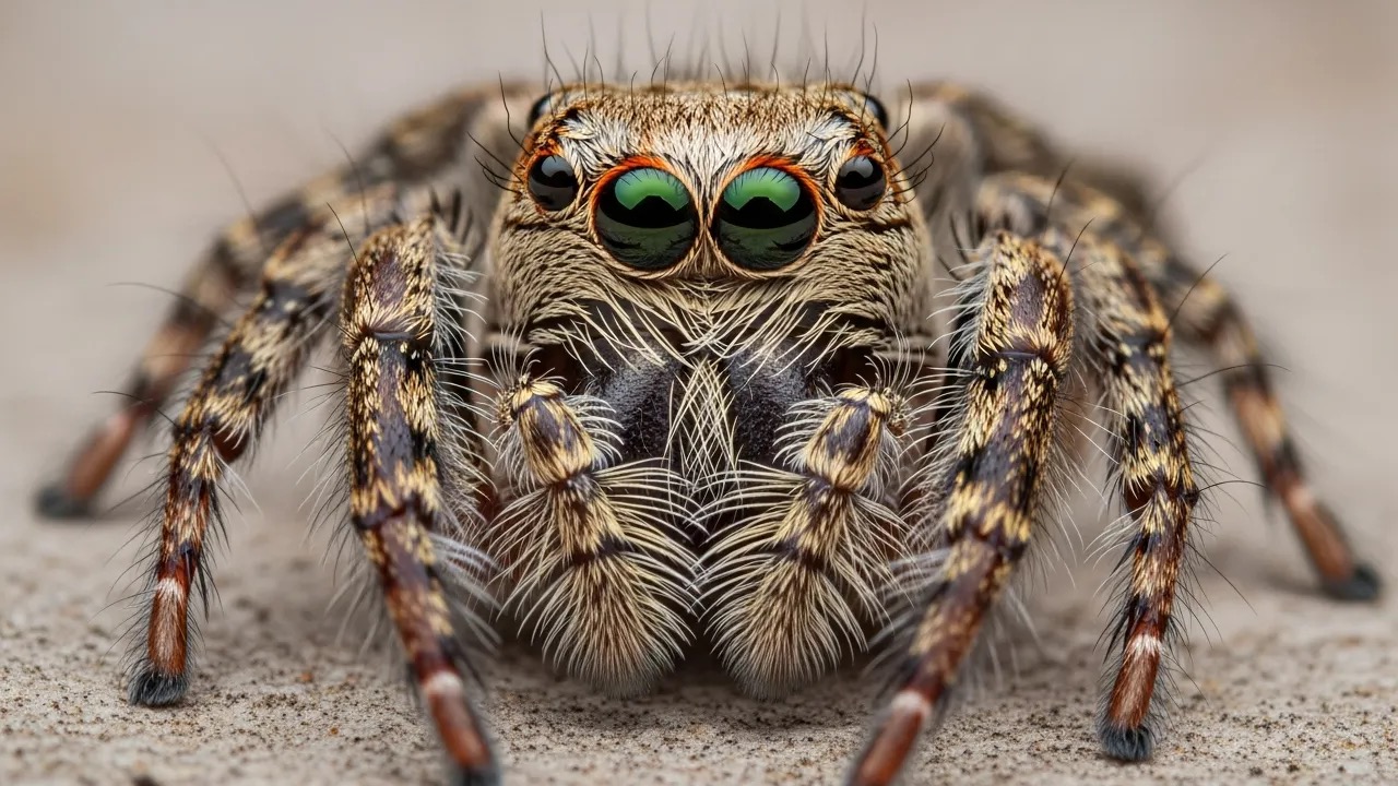 Close-up of a fuzzy jumping spider with large round front eyes on a leaf