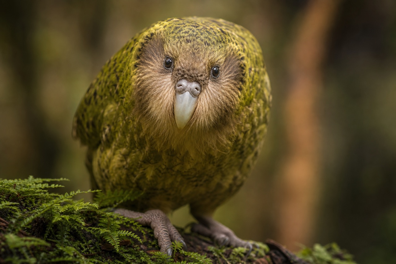 Kakapo, a moss-green flightless parrot, on a fern-covered log