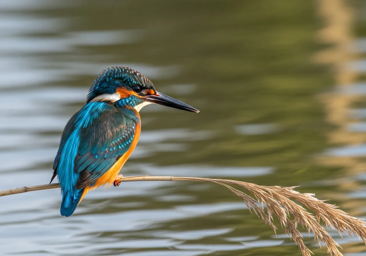A common kingfisher (Alcedo atthis) with brilliant electric-blue upperparts and warm orange underparts, perched on a thin reed above a river and gripping a small silver fish in its long, dagger-shaped black bill.