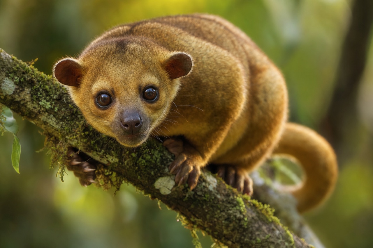 Kinkajou with golden fur clinging to a rainforest branch