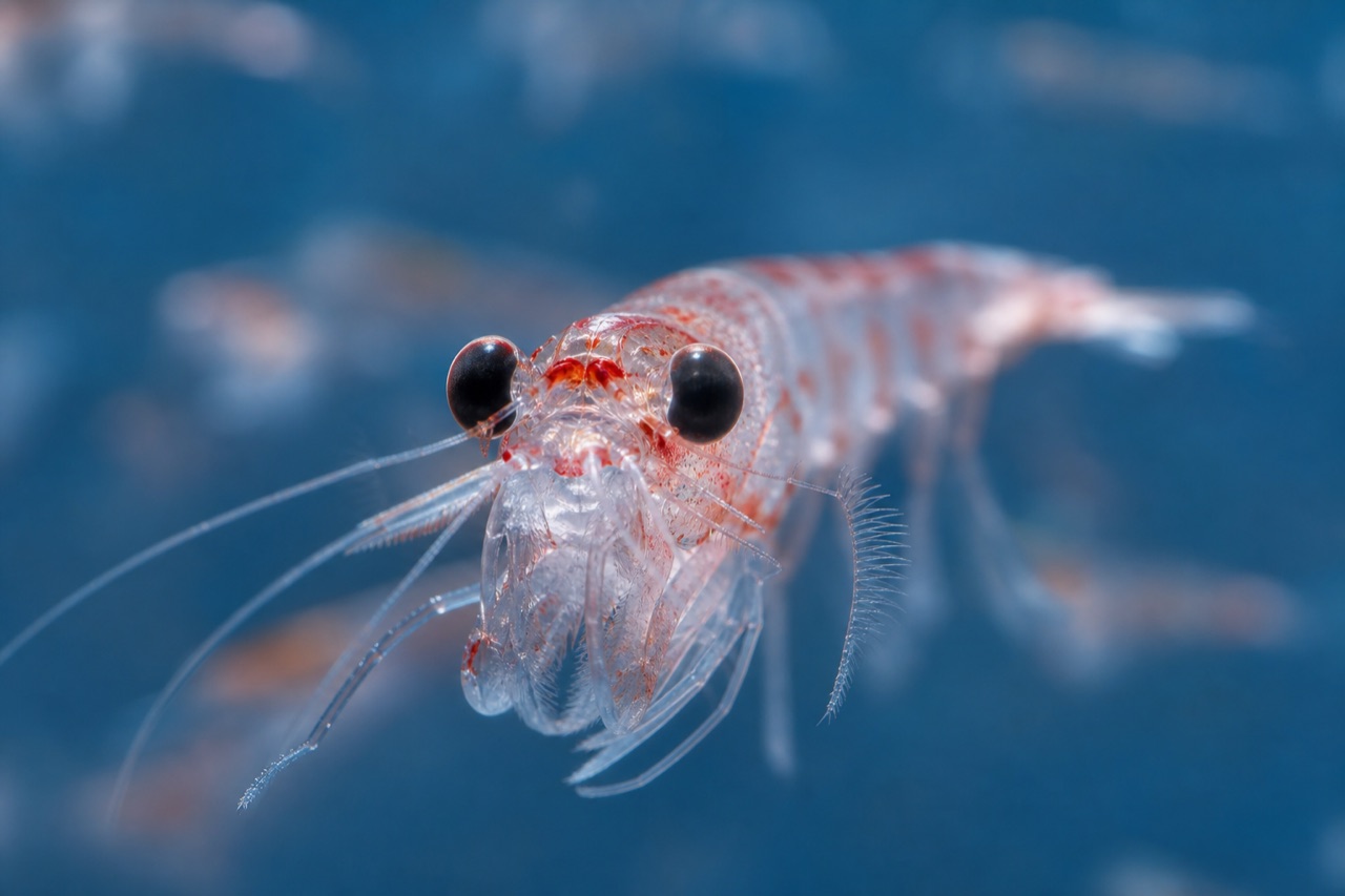 Dense pink swarm of Antarctic krill underwater in cold blue Southern Ocean water with diffuse sunlight from above