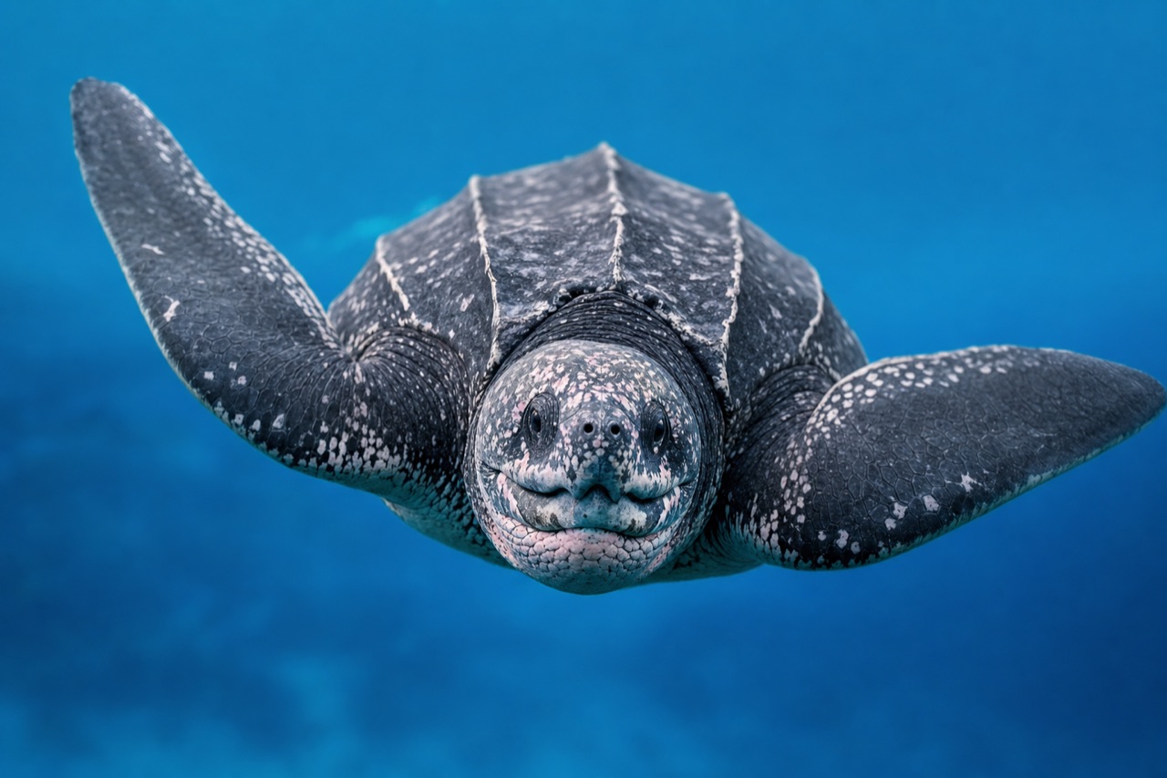 Leatherback sea turtle swimming with ridged leathery shell