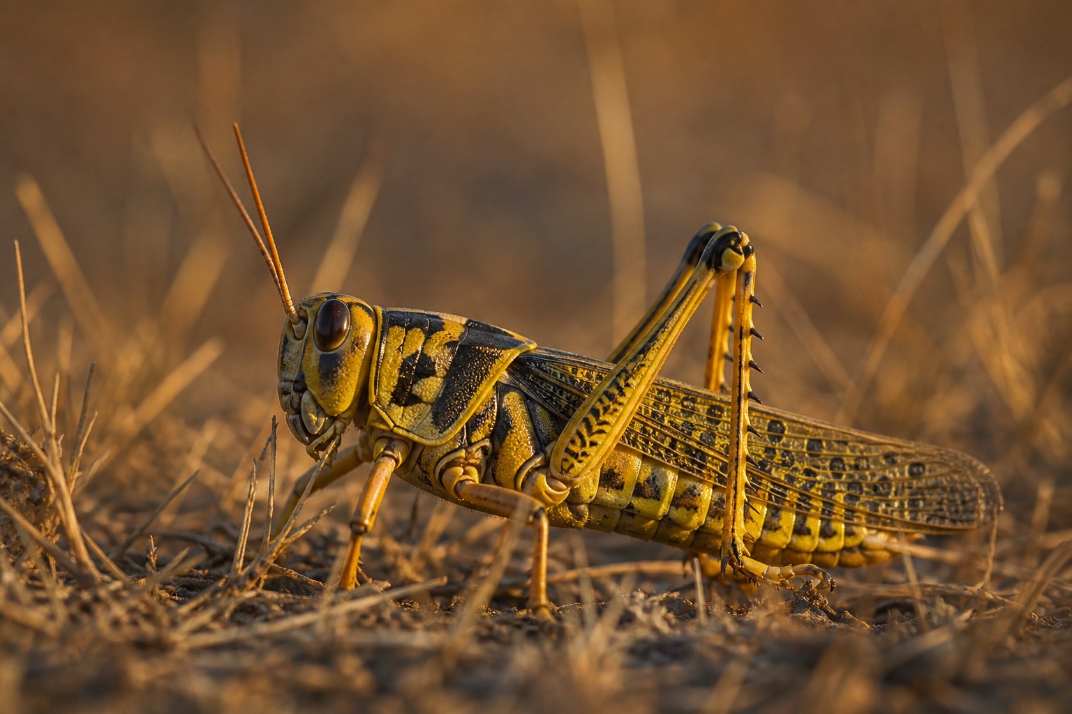 Swarming desert locusts with yellow and black gregarious coloration packed densely on dry scrub vegetation