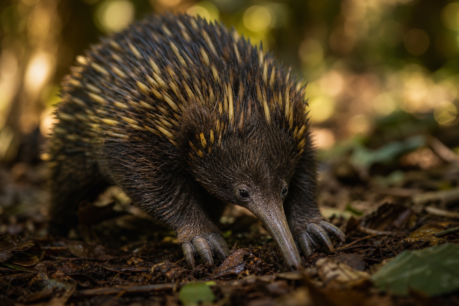 Long-beaked echidna with dark fur, prominent spines and an elongated snout on mossy New Guinea forest floor