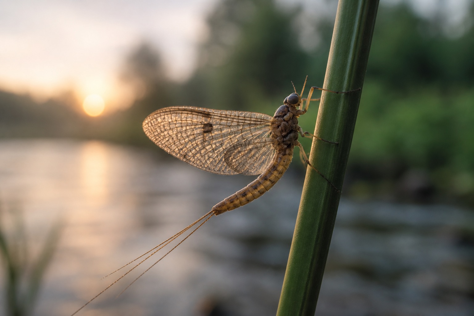 Adult mayfly with upright wings and two or three long tail filaments resting on riverside vegetation