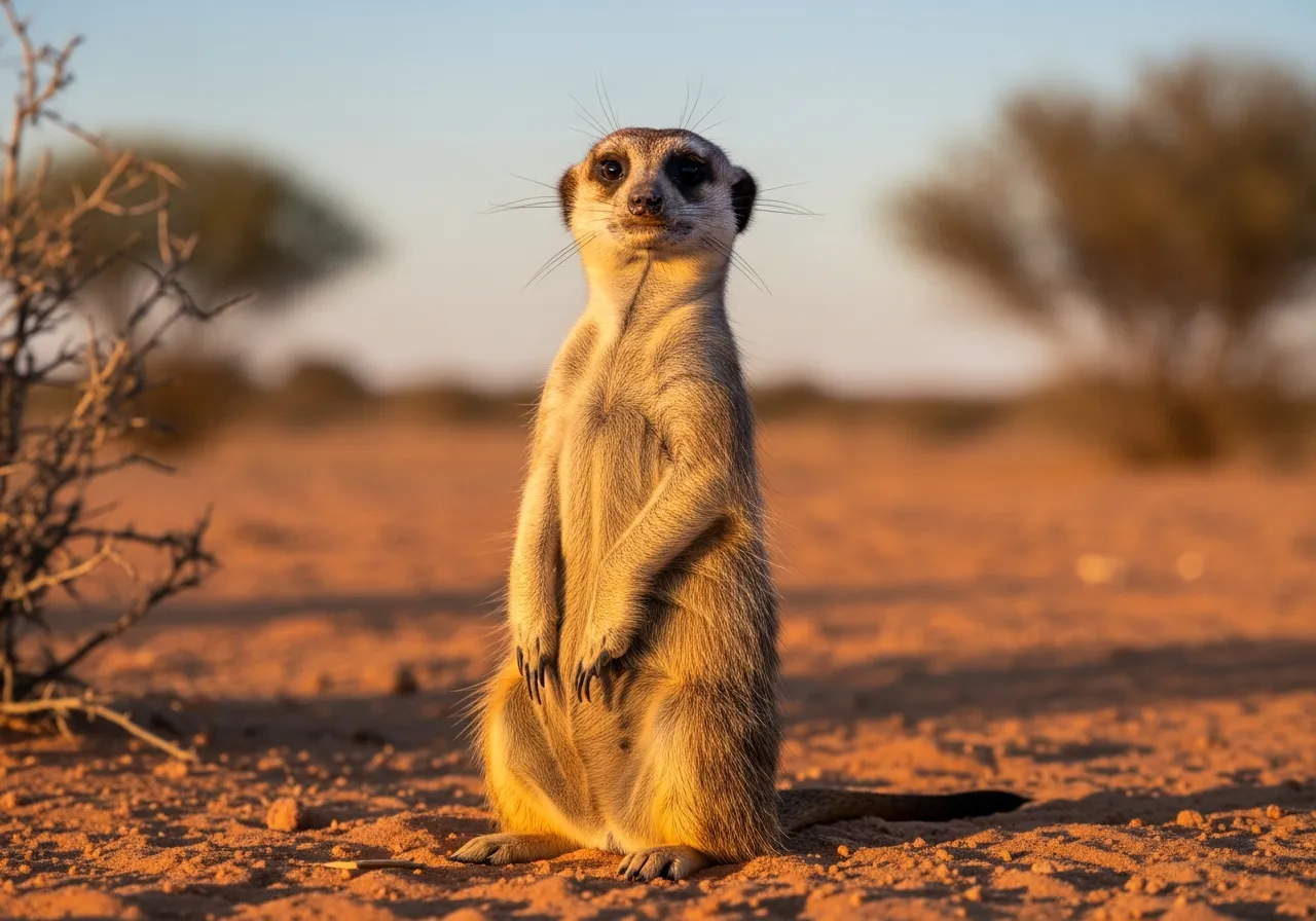 A meerkat standing upright on its hind legs on red Kalahari sand, alert and scanning the horizon, with the dark eye-patches and slender body typical of the species.