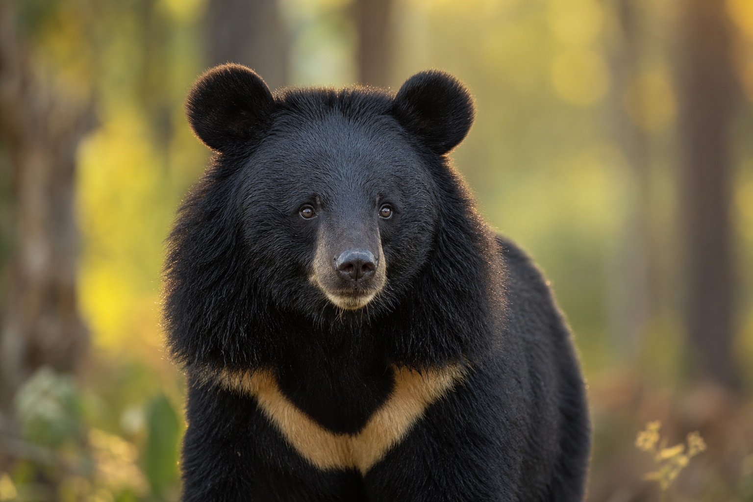 Asiatic black bear with shaggy black fur and a broad white V-shaped chest mark standing in montane forest understorey