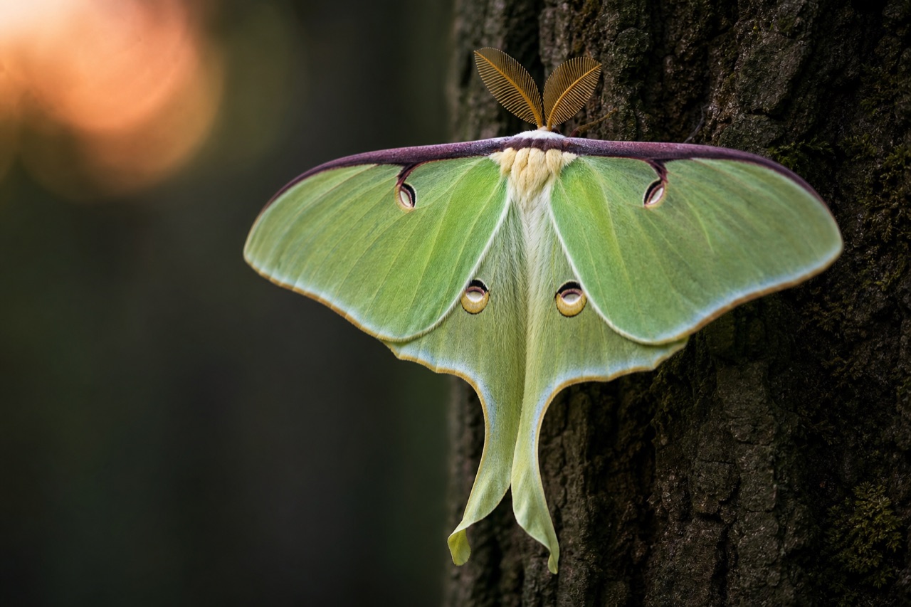 Luna moth with pale green wings resting on forest bark