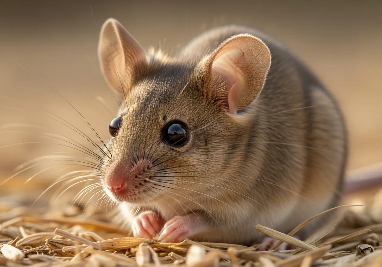 A small brown-grey house mouse (Mus musculus) with large rounded ears, dark beady eyes, pink paws and a long thin tail, sitting alert on a wooden surface.
