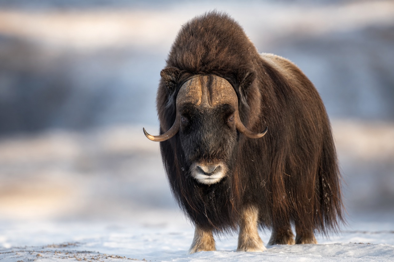 Muskox bull with long dark guard hair and curved horns standing on windswept Arctic tundra with low shrubs
