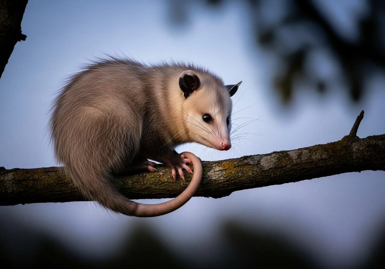 A Virginia opossum with greyish-white fur, a pointed pink-tipped snout, dark rounded ears and a long scaly prehensile tail, standing on a fallen log in a wooded backyard at dusk.