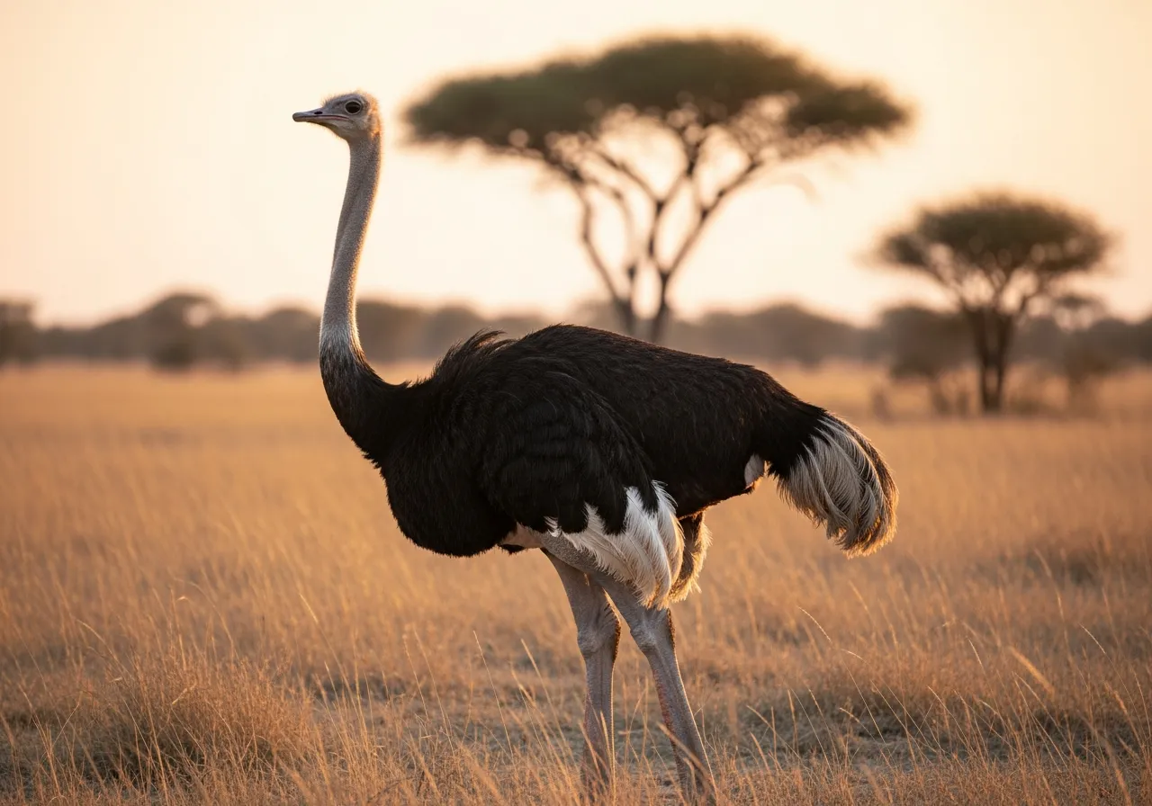 Ostrich on African savanna — head visible, not buried in sand