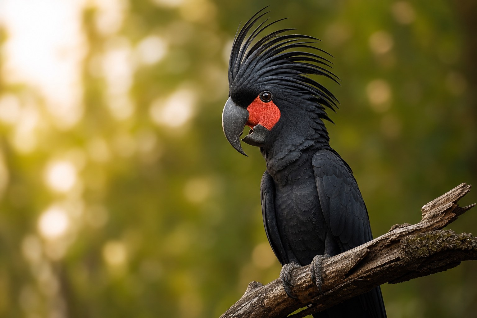 Palm cockatoo with black plumage, tall crest, massive bill and bright red cheek patches on a woodland perch