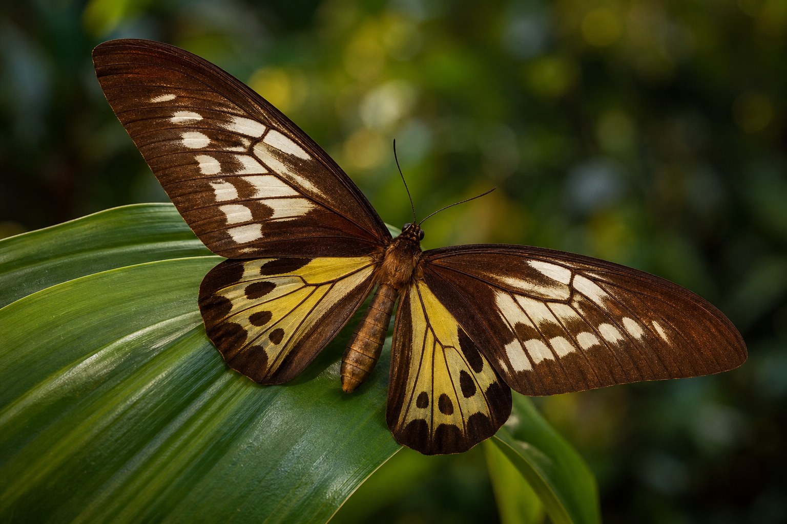 Female Queen Alexandra's birdwing with brown wings and cream markings, the largest butterfly in the world