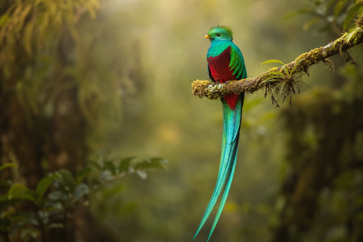 Male resplendent quetzal with iridescent green plumage, red breast and long flowing upper tail coverts perched in cloud-forest canopy
