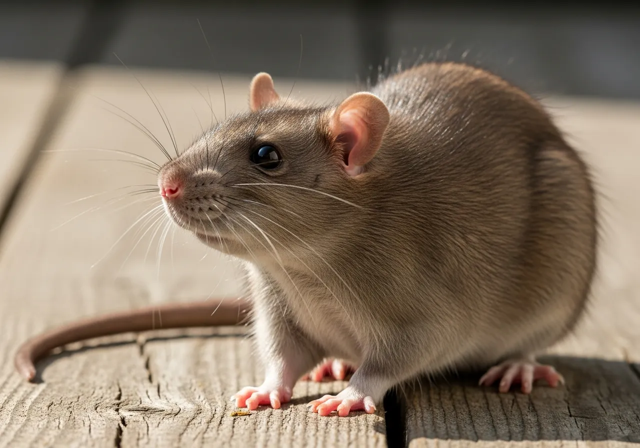 A brown rat (Rattus norvegicus) with grey-brown fur, a pale underside, rounded ears, dark eyes and a long scaly tail, sitting on its haunches and sniffing the air.