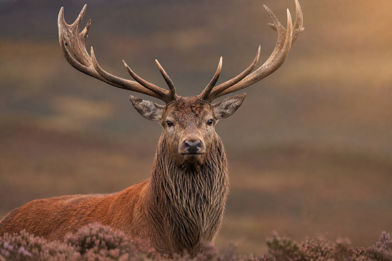 Red deer stag with large branched antlers bellowing on misty autumn moorland during the rut