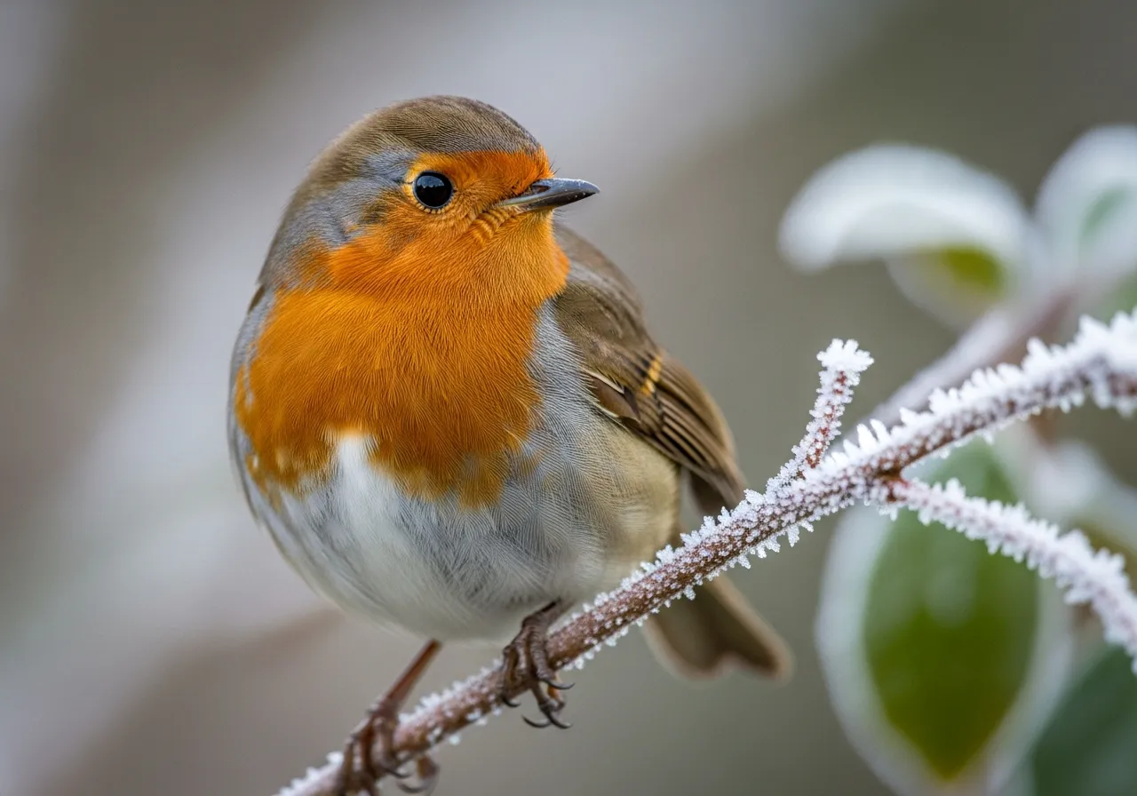 A European robin perched on a frosty branch, its rounded body showing the bright orange-red face and breast, brownish upperparts and pale belly, with a small black eye and slender beak.