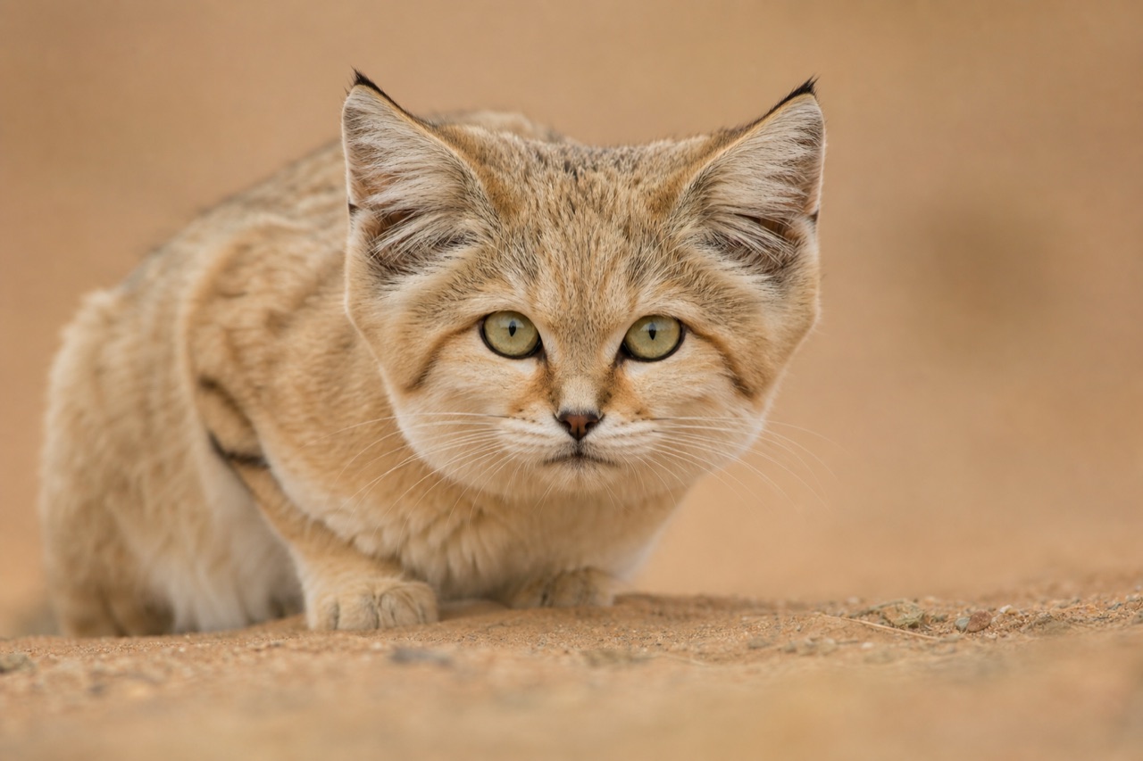 Sand cat with pale sandy fur and large ears standing on dune sand with sparse desert vegetation at dusk