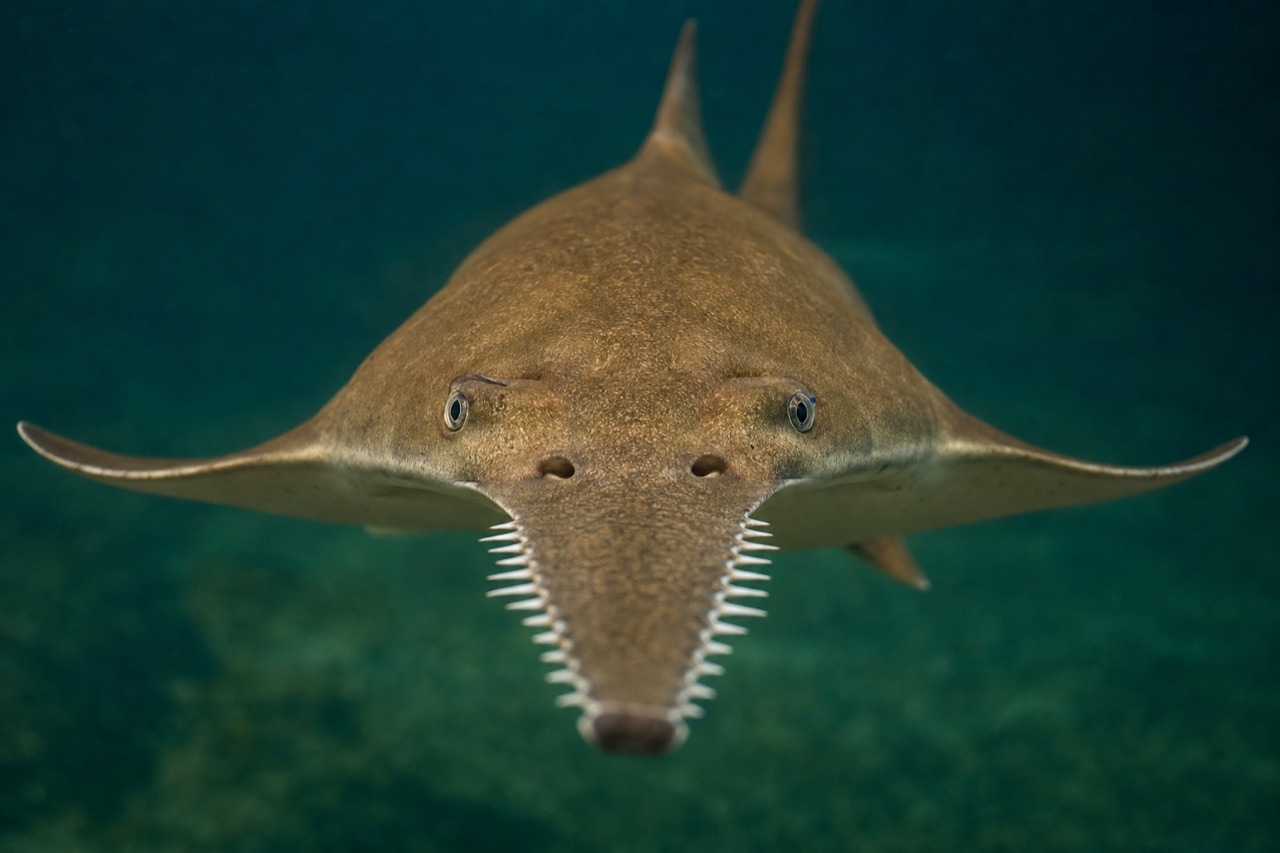 Sawfish with long toothed rostrum swimming in murky coastal water