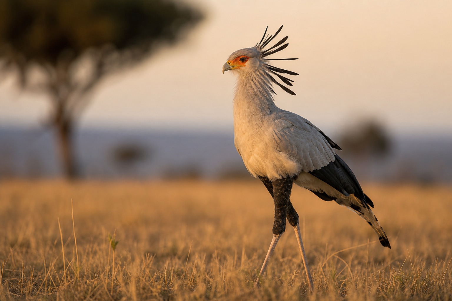 Secretary bird with grey body, black flight feathers, crest of head feathers and long bare pink legs walking through African savanna grass