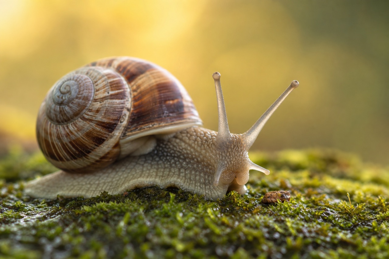 Garden snail with spiral shell on damp moss