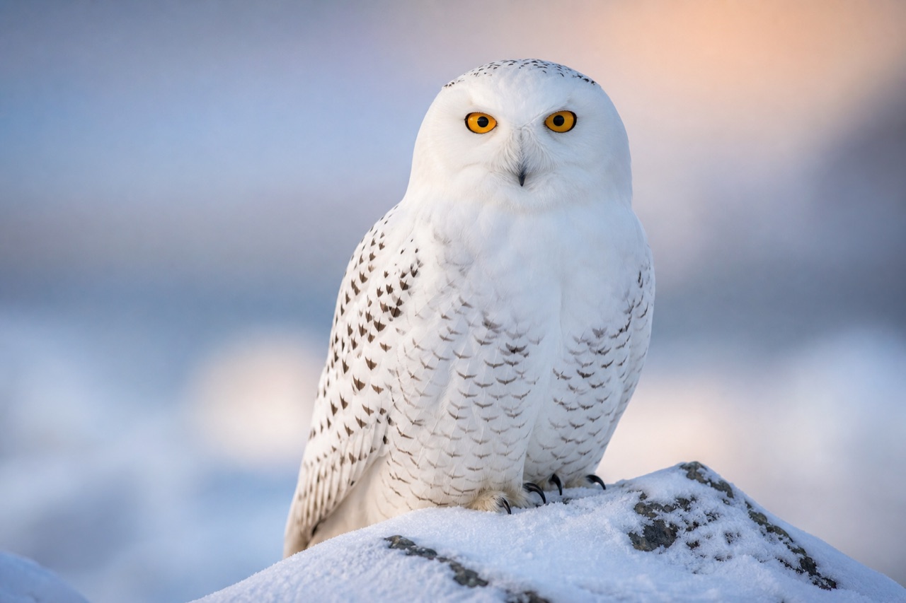 Snowy owl in white winter plumage on Arctic snow
