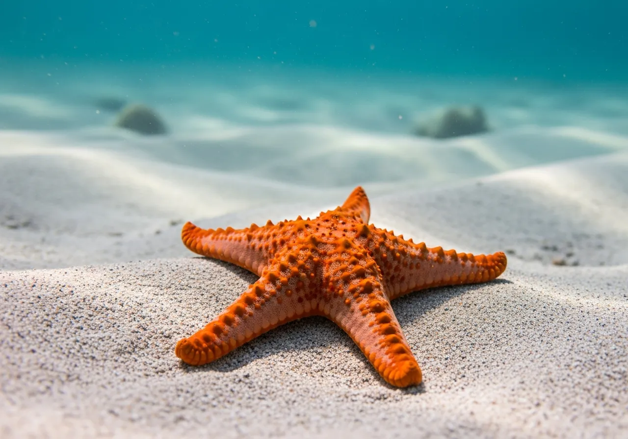 An orange five-armed starfish (sea star) resting on a rock in a shallow tide pool, its upper surface dotted with small spines and tube feet visible along the underside of its arms.