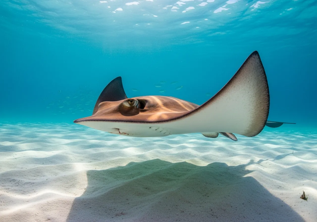 A flattened, disc-shaped stingray gliding just above a sandy seabed, its broad pectoral fins rippling like wings and a long, slender tail trailing behind.