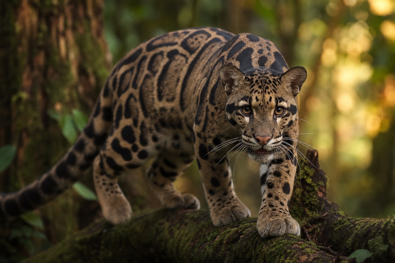Sunda clouded leopard with cloud-shaped spots and long canine teeth in Borneo rainforest