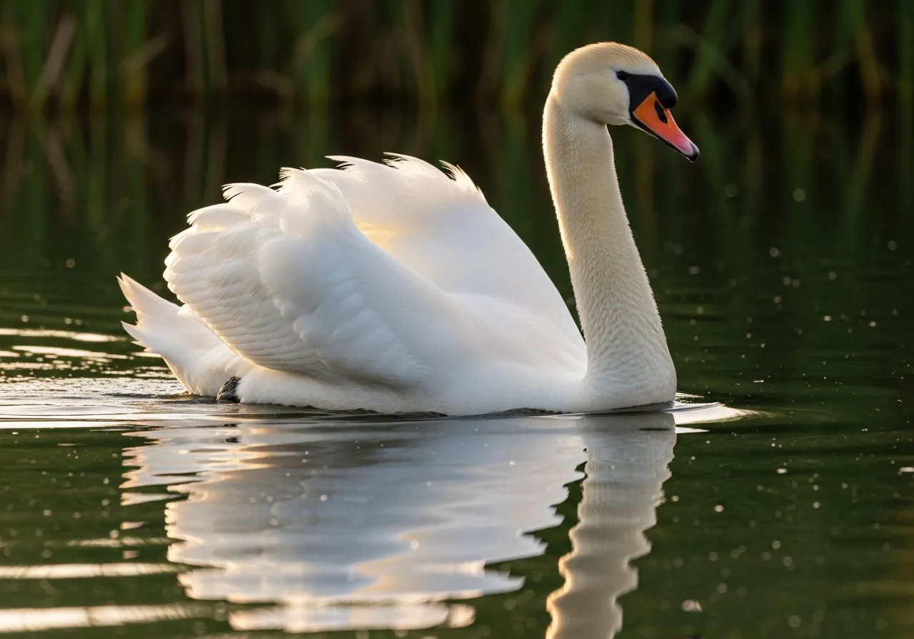 An adult mute swan gliding on calm water with its neck curved into an elegant S-shape, wings slightly arched and orange-and-black bill held downward.