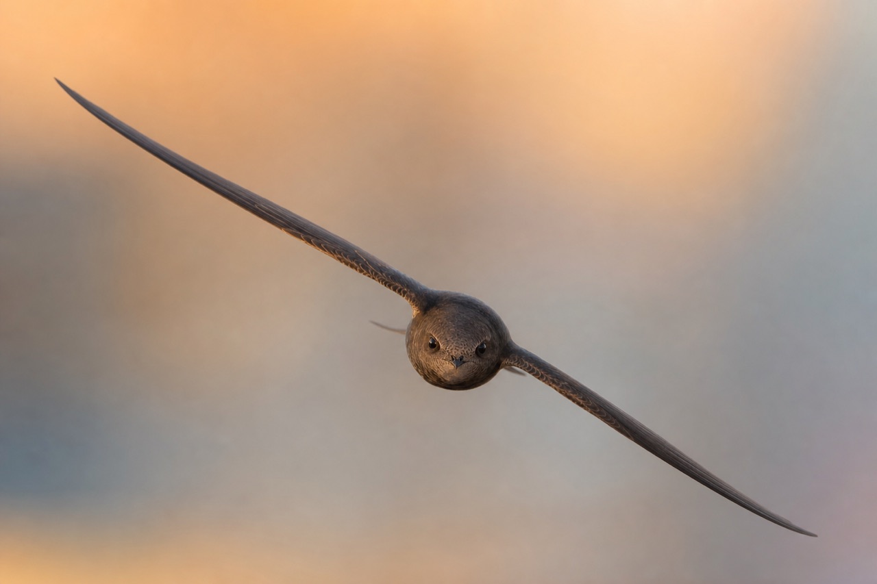 Common swift with dark scythe-shaped wings screaming in a tight flock above terraced rooftops at dusk