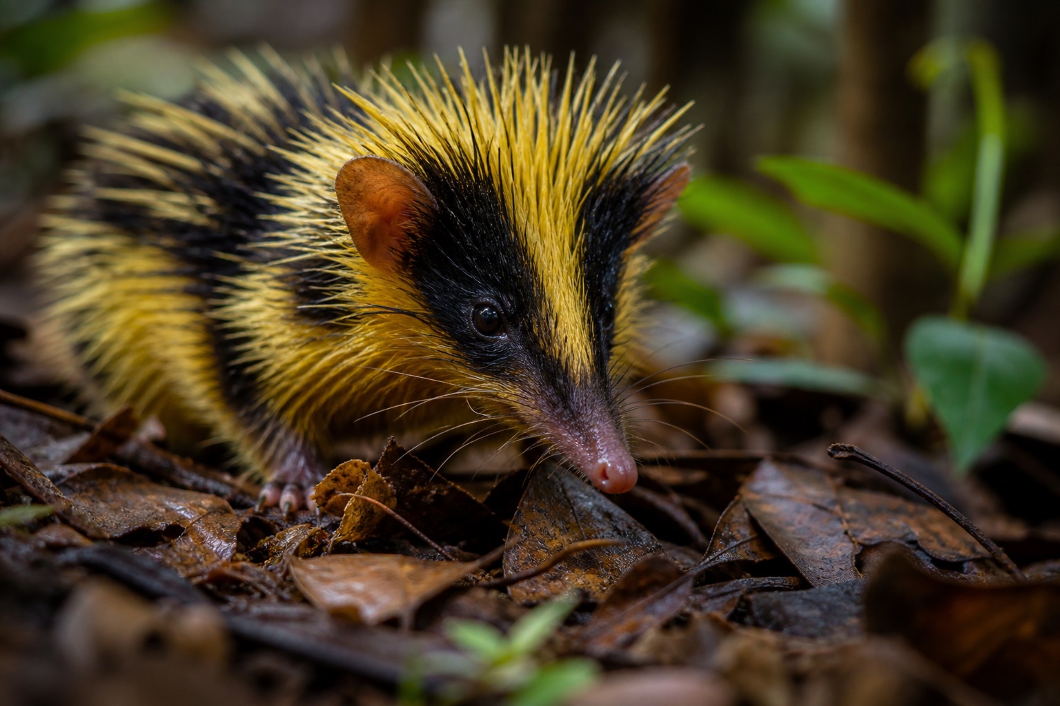 Lowland streaked tenrec with black and yellow quill stripes foraging in leaf litter on Madagascar forest floor