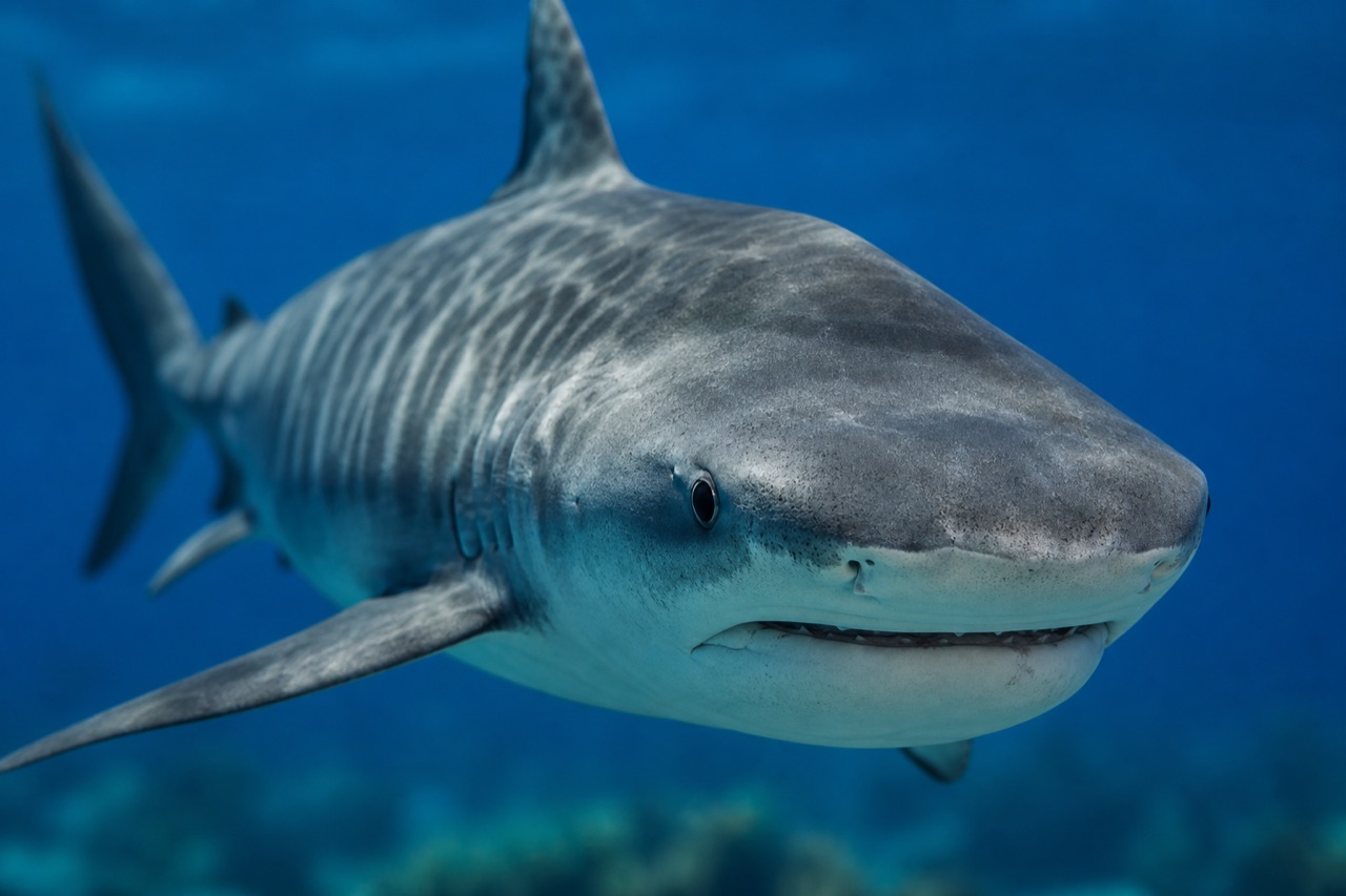 Tiger shark with dark vertical stripes swimming in coastal blue water