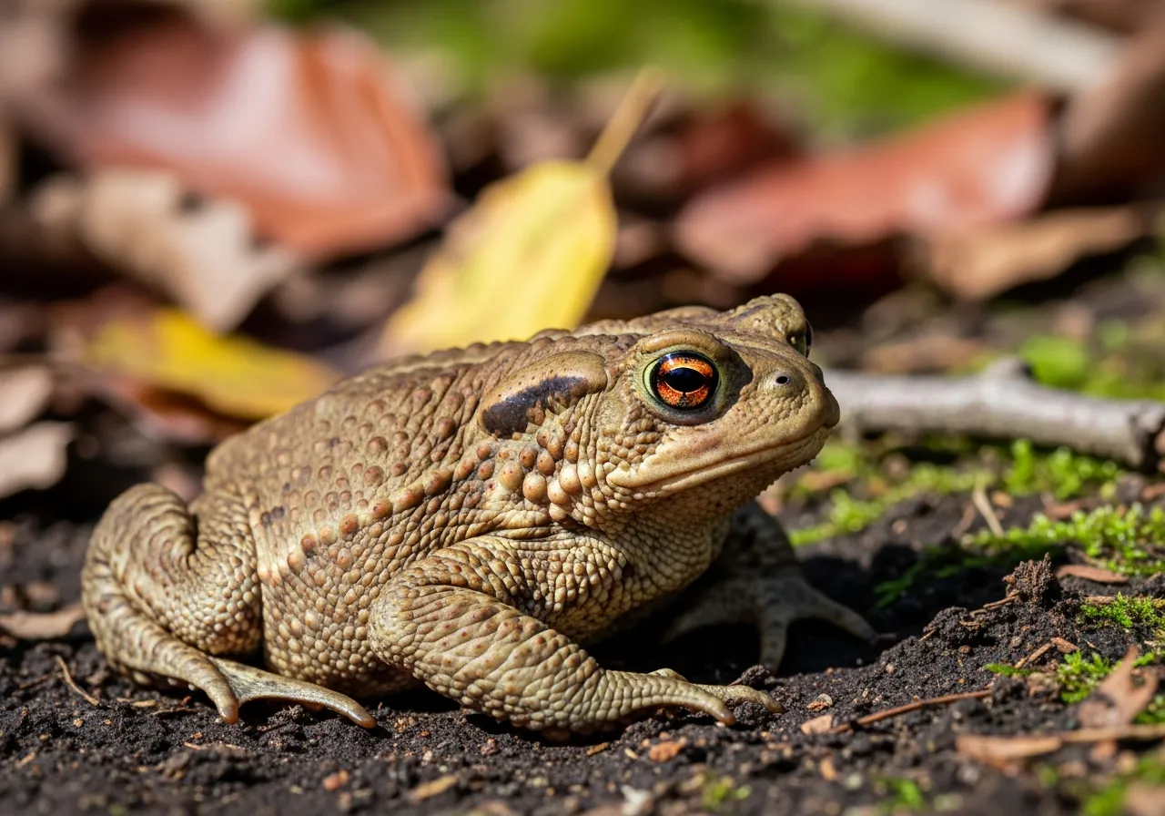 A common toad (Bufo bufo) with dry, warty, olive-brown skin, copper-coloured eyes and a squat body, sitting on damp leaf litter.