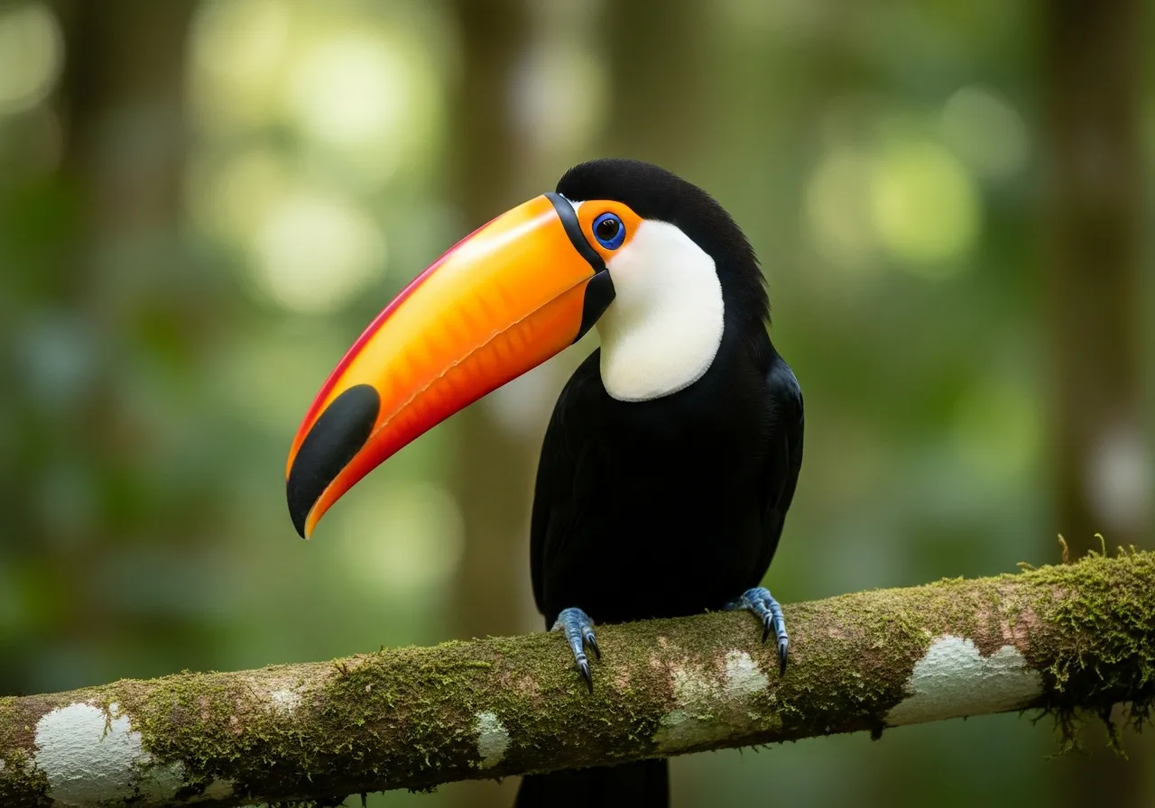A keel-billed toucan perched on a rainforest branch, its glossy black body offset by a yellow throat and a huge multicoloured bill with green, orange, red and blue markings.