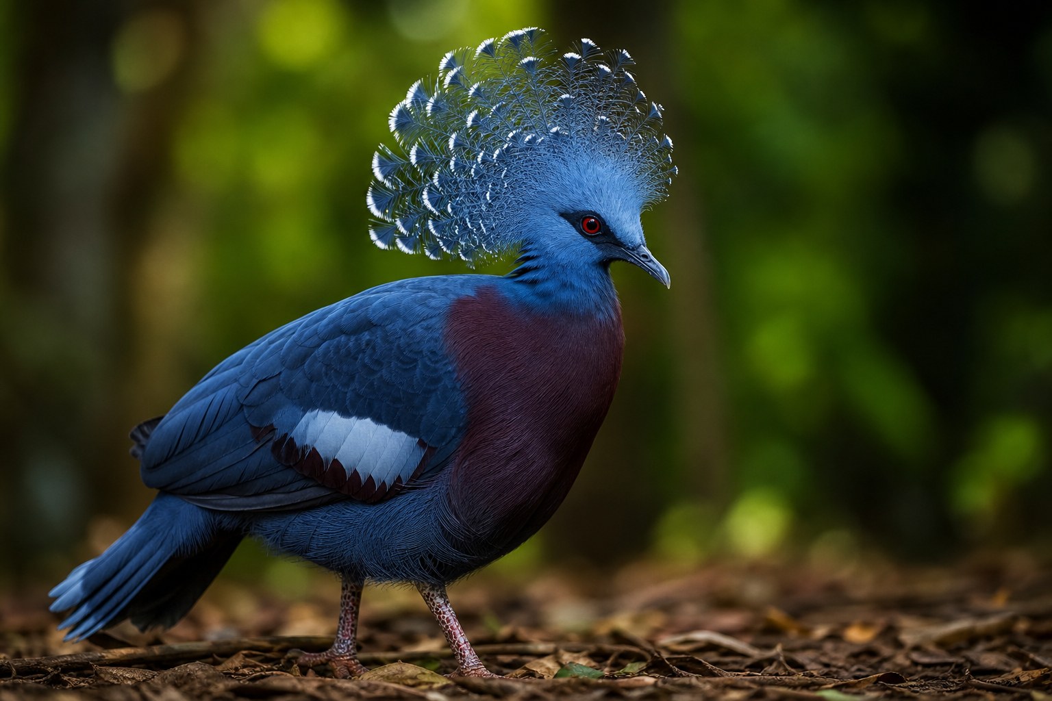 Victoria crowned pigeon with blue-grey plumage, lace-like white-tipped crest and maroon chest on the forest floor