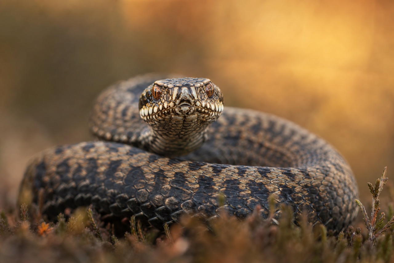 Adder viper coiled on heather moorland with distinctive zigzag dorsal pattern and copper eyes