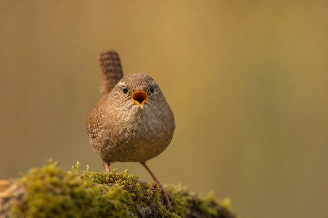 Tiny brown wren with upright tail and fine barred plumage perched on a mossy log in a shaded garden border